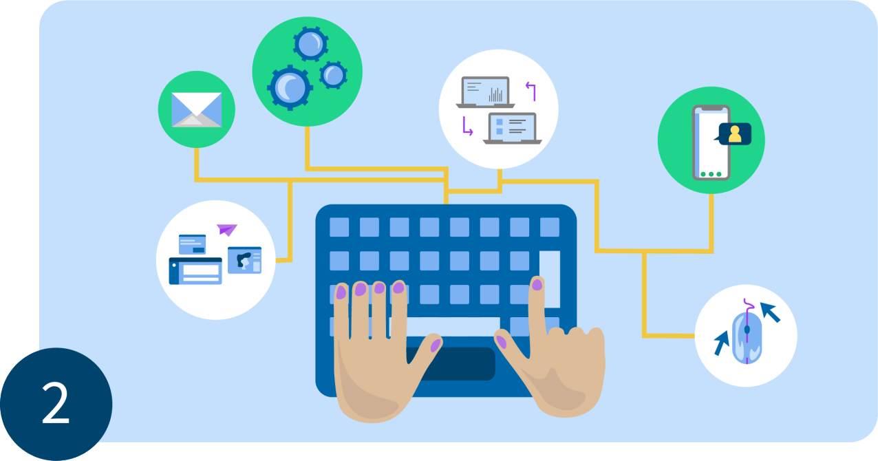 illustration of a keyboard and hands with different digitalised motives around it
