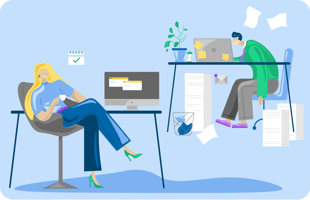 illustration of a calm smart woman working with internago and in the background is a stressed man drowning in administrative work